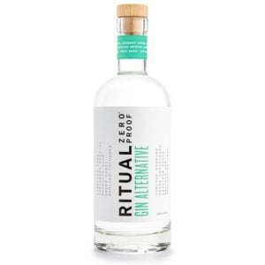 A clear bottle labeled "Ritual Zero Proof Gin Alternative" with a wooden cap and green accents, containing 750ml of alcohol-free spirit.