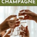 Four hands clink champagne glasses together beneath text reading "Everything you need to know about champagne. Get the tips. feastandwest.com".