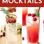 Two festive non-alcoholic drinks garnished with cranberries and rosemary are shown under the text "Christmas Mocktails" and "See the recipes" from feastandwest.com.