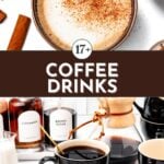 A collage showing a cup of cappuccino with cinnamon, jars labeled cinnamon and brown sugar, a Chemex coffee maker, a cup of black coffee, and a small pitcher of milk.
