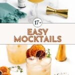 Two sections: The top shows two coupe glasses with a frothy mocktail, a bottle of bitters, a gold jigger, and a teal napkin. The bottom shows a citrus mocktail with dried orange slices and ice.