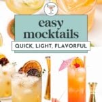 Four colorful mocktails are displayed around a central sign reading "easy mocktails: quick, light, flavorful," each garnished with fruit, herbs, or an umbrella.