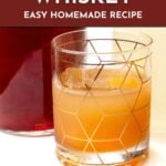 A glass of non-alcoholic whiskey with ice sits in front of a red liquid, promoting an easy homemade recipe with clear text and a "get the recipe" button.