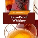 A glass jar of homemade non-alcoholic whiskey with fruit peels inside, and a glass of the finished drink served with an orange peel garnish.