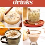 Collage of four pumpkin drinks, including pumpkin cocktails and mocktails, garnished with cinnamon sticks, surrounded by pumpkins, with text: "16 Delicious, Homemade Pumpkin Drinks" and "Feast and West.