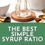 A glass decanter with a stopper on a wooden coaster, surrounded by measuring spoons and bowls, with text reading "The Best Simple Syrup Ratio"—perfect for crafting rich simple syrup or any cocktail sweetener.