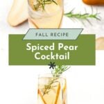 A glass of spiced pear cocktail, garnished with a rosemary sprig, is surrounded by fresh pear slices and whole pears on a white surface.