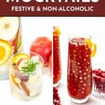 Two festive thanksgiving mocktails in glasses with fruit and garnishes, accompanied by apples and pomegranate; text reads "Thanksgiving Mocktails.