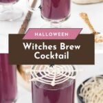 Two clear mugs of purple cocktail with white spiderweb decorations on top, set on a white table with a skull prop and gold utensils, styled for Halloween.