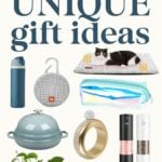 A collage of various unique gift items—including gadgets, decor, kitchenware, and pet accessories—features the text "UNIQUE gift ideas" in large letters, perfect for any holiday gift guide.