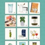 A grid of twelve gin lover gifts, including gin, glasses, books, mixers, snacks, olives, ornaments, a candle, and a mug—perfect gifts for gin lovers—beautifully displayed on a teal background.