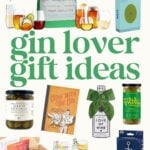 A collage of gin-themed products, including glasses, mixers, garnishes, books, and gift sets, with the text “gin lover gift ideas” in large green letters—perfect inspiration for unique gin gifts.