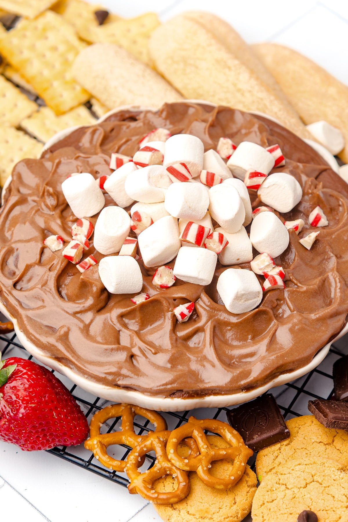 A plate of chocolate dip topped with mini marshmallows and peppermint pieces, surrounded by crackers, cookies, pretzels, and a strawberry.