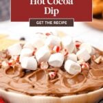A bowl of rich hot cocoa dip topped with mini marshmallows and peppermint pieces, surrounded by an assortment of dippable snacks.