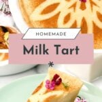 A homemade milk tart with a decorative top, garnished with small flowers and a cinnamon stick, served on a light green plate.