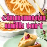 A cinnamon milk tart with a flower pattern cut into a slice, served on a plate with a gold fork and garnished with small flowers and a cinnamon stick.