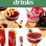 A collage of four different pomegranate drinks in various glasses, garnished with fruit and herbs, with the text “18 Delicious & Homemade Pomegranate Drinks.”.