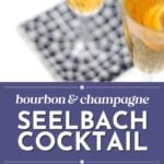 A Seelbach cocktail with an orange twist garnish in a champagne flute, shown from above and side angles, with ingredients and drinks on a patterned napkin.