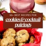 A cranberry cocktail garnished with rosemary and cranberries sits next to a tin of cookies wrapped in red tissue paper, with text promoting cookie and cocktail pairings recipes.