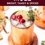 A copper mug filled with ice, cranberries, a lime slice, and a sprig of thyme sits on a coaster. Text reads: "Cranberry Mule: Bright, Tangy & Spiced. Try this festive cranberry mule recipe at feastandwest.com.