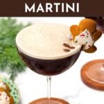 A glass of espresso martini garnished with coffee beans and a decorated gingerbread cookie on the rim, with "Gingerbread Espresso Martini" text above.