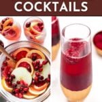 A glass of cranberry champagne cocktail and a punch bowl with sliced fruit and cranberries, labeled "Holiday Champagne Cocktails" and "See the Recipes" from feastandwest.com.