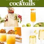 A collage of four holiday champagne cocktails, each garnished differently, with the text “holiday champagne cocktails” and a “Pin It” button at the bottom.
