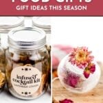 A jar labeled "infused cocktail kit lavender lemon" and a clear sphere with flowers inside are shown as homemade food gift ideas. Text reads "Homemade Food Gifts, See the Recipes, feastandwest.com".