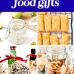 A collage of homemade food gifts including flavored salt, crackers, dried citrus in a jar, and bottles with ribbons, labeled "Easy to make homemade food gifts.