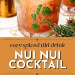 A glass of Nui Nui cocktail with ice, cranberries, a dried orange slice, and a cinnamon stick, garnished with a sprig of rosemary, shown with cocktail-making tools.