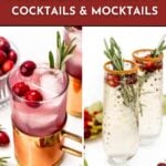 Two festive holiday drinks garnished with cranberries and rosemary are displayed side by side. Text reads: "Virtual Holiday Party Cocktails & Mocktails. See the recipes. feastandwest.com.