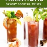 Two Bloody Mary cocktails garnished with shrimp, celery, olives, lemon, and other vegetables, promoting savory cocktail recipe variations.