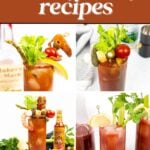 Four variations of Bloody Mary cocktails, each garnished with assorted items like celery, pickles, olives, bacon, and lemon slices, are shown against a white background.