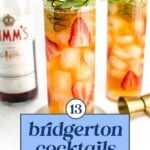 Two tall glasses of iced cocktails with sliced strawberries, mint, and cucumber garnish, a bottle labeled "Pimm's" in the background, and text reading "13 Bridgerton cocktails.
