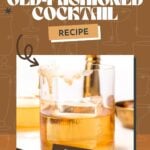 A glass of caramel old fashioned cocktail with ice sits on a white surface; caramel drips down the rim. Text above advertises this rich and indulgent caramel old fashioned recipe.