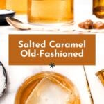 A glass of caramel old fashioned cocktail with a large ice cube, surrounded by caramel pieces, a spoon, and a jar of caramel sauce.