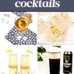 Collage with four champagne cocktails and garnishes, titled "17 Easy & Homemade Champagne Cocktails," with a "Pin It" button and feastandwest.com URL at the bottom.