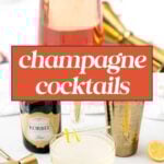 A glass of champagne with rose petals and a coupe glass cocktail are displayed alongside a bottle of sparkling wine, a shaker, lemon slices, and a cork.