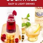 Two cocktails are displayed: a red drink with raspberries in a tall glass on a gold tray, and a clear drink with mint and lemon in a short glass next to a Lillet Blanc bottle.