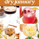 A collage of four non-alcoholic cocktails in various glasses, with the text "30+ Delicious & Homemade Mocktails for Dry January" at the top.