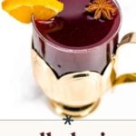 A glass mug of mulled wine garnished with an orange slice, a cinnamon stick, and star anise, viewed from above.