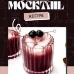 A glass of purple mocktail with ice, garnished with two cherries on a cocktail pick, sits on a white surface. Text overlay reads "Sleep Mocktail Recipe" and "Pin It!".