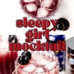 A glass of purple mocktail with ice and two cherries on a cocktail pick, labeled "sleepy girl mocktail," on a white surface with gold bowls nearby.