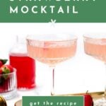 Two glasses of pink strawberry mocktail on a white surface with strawberries and a red drink in the background. Text reads: “How to make a strawberry mocktail. Get the recipe.”.