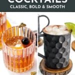 Two whiskey cocktails in different glasses, one garnished with a cherry and orange twist, the other in a textured black mug with ice and a lime wedge, with text promoting whiskey cocktail recipes.