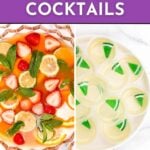 Two images of bachelorette party cocktails: a punch bowl with fruit and mint garnishes, plus small cups topped with lime slices. Text reads, "Bachelorette Party Cocktails, See the Recipes.