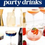 A collage of four colorful bachelorette party cocktails in various glasses, gold bar tools, and strawberries, with text promoting festive drinks and a website link.