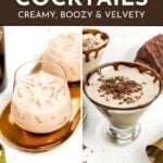Two creamy Baileys cocktails—one over ice and one in a martini glass with chocolate shavings—sit beside a decadent slice of chocolate cake. Text reads "Baileys Cocktails" and "See the Cocktail Recipes.