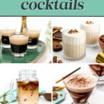 Collage of four Baileys cocktails in various glasses, garnished and surrounded by coffee beans, promoting 10 delicious homemade cocktails from feastandwest.com.