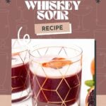 Two glasses of blood orange whiskey sour with geometric gold patterns, garnished with blood orange slices, shown on a styled background. Text reads "Blood Orange Whiskey Sour Recipe.